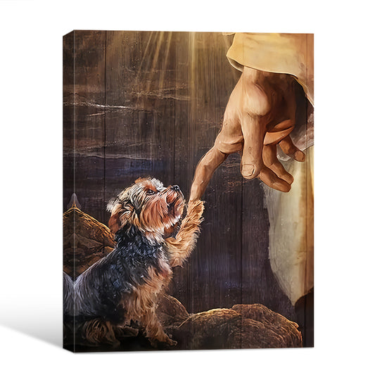 Christian Pet Lover Canvas Wall Art, Jesus Finger Touching Yorkshire Terrier Vintage Wood Background Poster