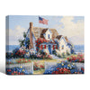 Coastal American Cottage Canvas Wall Art, Seaside House with US Flag Floral Garden Oil Painting, Farmhouse Beach Home Framed Canvas Print