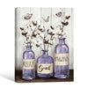 Farmhouse Bathroom Canvas Wall Art, Lavender Purple Jars Cotton Flower Relax Soak Unwind Spa Poster