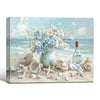 Beach Seashell Starfish Blue Flower Vase Canvas Wall Art, Coastal Seaside Floral Ocean Scene Impasto Painting Print, Horizontal Farmhouse Beach House Wall Decor