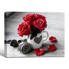 Valentine Red Rose Mug Canvas Wall Art, Heart Cup Gray Rose Petals Rustic Wooden Background Framed Canvas Print, Romantic Bedroom Kitchen Wall Decor