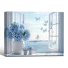 Light Blue Hydrangea Ocean Window Wall Print, Butterfly Seaside Scenery Canvas for Living Room Bathroom Decor