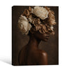 Dark Botanical Portrait Canvas Poster, Melanin Woman With Cream Dried Peony Blooms Artwork for Gallery Wall Bohemian Home Decor