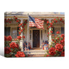Patriotic Red Rose Colonial House American Flag Canvas Wall Art, Farmhouse Floral Front Porch Canvas Painting