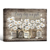 Rustic Motivational Wall Decor, White Daisies Mason Jars With Positive Quotes “Every Day Is A Gift” Butterfly Weathered Wood Canvas Art, Horizontal Country Farmhouse Floral Artwork