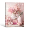Valentine Pink Floral Perfume Bottle Canvas Wall Art, Soft Pink Rose Peony Vase Still Life Framed Canvas Print, Romantic Coquette Bedroom Vanity Wall Decor