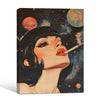 Retro Cosmic Pin Up Woman Canvas Print, Vintage Galaxy Planet Red Lips Surreal Pop Wall Art