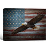 Rustic American Flag Wooden Background With Soaring Bald Eagle Framed Canvas Wall Art, Patriotic Farmhouse Wall Decor Print