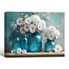 Teal Blue Glass Mason Jars White Daisy Hydrangea Canvas Wall Art, Faith Hope Love Floral Still Life Horizontal Print, Farmhouse Rustic Country Flower Wall Decor