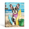 French Bulldog Surfboard Beach Lighthouse Canvas Wall Art, Cute Summer Dog Coastal Vertical Print, Nautical Beach House Pet Lover Wall Decor