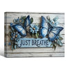Farmhouse Relaxing Wall Decor, Two Blue Butterflies & Blue Flowers With Quote Just Breathe, Distressed White Wood Plank Background 3D Textured Look Horizontal Inspirational Canvas Artwork