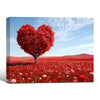 Valentine Red Heart‑Shaped Tree Canvas Wall Art, Romantic Heart Tree in Red Wildflower Field Framed Canvas Print, Love Theme Living Room Bedroom Wall Decor