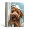 Funny Goldendoodle Bath Time Wall Art, Curly Dog Peeking From Shower Curtain Canvas Print, Quirky Dog Bathroom Wall Decor