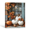 Farmhouse Halloween White Pumpkin Canvas Print, Rustic Blue Window Autumn Maple Leaves Fall Wall Art