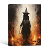 Mysterious Dark Witch Fire Scene Framed Canvas Wall Art, Gothic Halloween Wall Decor