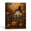 Vintage Ghost Witch Hat Pumpkin Fence Halloween Framed Wall Art Print