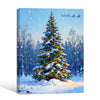Vintage Christmas Forest Canvas Print, Snow‑Covered Xmas Tree with Ornaments & Santa Sleigh Holiday Wall Art