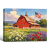 Red Barn American Flag Wildflower Field Canvas Wall Art, Farmhouse Country Lavender Poppy Daisy Landscape Canvas Print, Patriotic Rustic Farm Decor