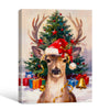 Vintage Christmas Reindeer Canvas Print, Cute Deer Wearing Santa Hat with Gifts & Christmas Tree Wall Art