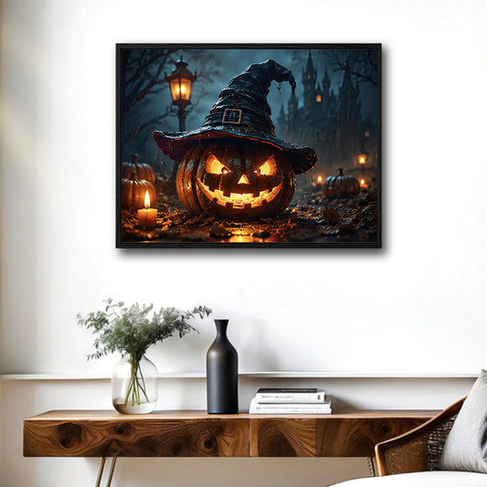 Witch Hat Glowing Jack O Lantern Haunted Castle Halloween Canvas Wall Art