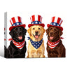 Patriotic Three Labrador Retrievers Canvas Wall Art, 4th of July USA Hat Bandana Dog Canvas Print, Red White Blue Independence Day Farmhouse Decor