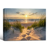 Beach Dunes Sunset Footprints Canvas Print, Coastal Seaside Horizontal Wall Art