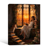 Retro Romantic Canvas Print, Woman Reading Among Old Books, Sunset Window Dark Academia Wall Decor for Book Nook
