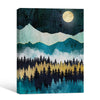 Boho Mountain Forest Night Canvas Wall Art, Full Moon Starry Sky Landscape Print, Teal Gold Abstract Nature Wall Decor for Living Room Bedroom