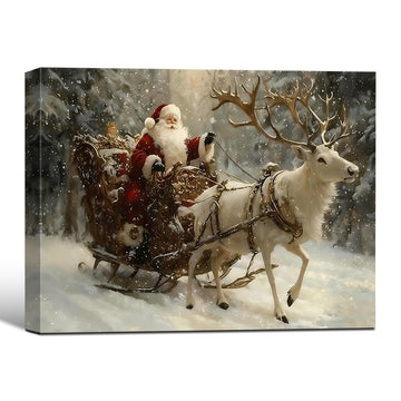 Retro Christmas Santa & White Reindeer Canvas Wall Decor