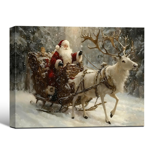 Retro Christmas Santa & White Reindeer Canvas Wall Decor