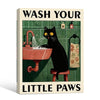 Novelty Cat Wall Canvas, Retro Style Wash Your Little Paws Black Cat Artwork, Cute Powder Room Home Decor