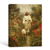 Classical Painting Style Jesus Walking With Sheep On Floral Path Framed Canvas Wall Art, Inspirational Religious Farmhouse Decor