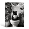 Black And White Black Cat Reading Newspaper On Toilet Canvas Wall Art Funny Tropical Bathroom Wall Deco