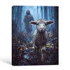 Good Shepherd Jesus Chasing Lost Lamb In Moody Misty Forest Framed Canvas Print, Inspirational Biblical Christian Wall Art