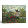 Monet Garden Landscape Framed Canvas Print, Classic Impressionism Colorful Flower Garden House Scenery Painting, Retro Farmhouse Bedroom Office Wall Art