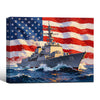 Patriotic Navy Warship American Flag Canvas Wall Art, US Destroyer Battleship Ocean Military Canvas Painting