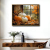 Fall Pumpkin Window Canvas Wall Art, Orange White Pumpkins Autumn Maple Leaves Framed Canvas Print, Farmhouse Thanksgiving Home Decor
