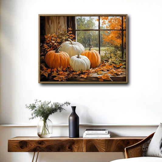 Fall Pumpkin Window Canvas Wall Art, Orange White Pumpkins Autumn Maple Leaves Framed Canvas Print, Farmhouse Thanksgiving Home Decor