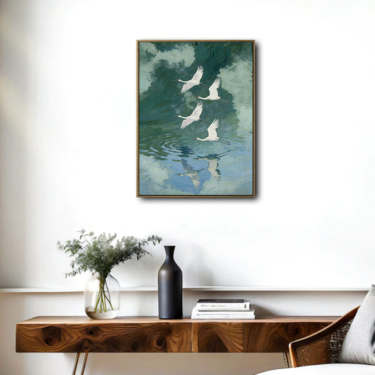 White Flying Cranes Lake Reflection Canvas Wall Art Vintage Nature Home Decor