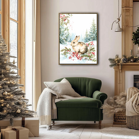 Winter Bunny Rabbit Framed Wall Art Watercolor Christmas Forest Print