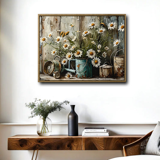 White Daisy Rusty Metal Watering Can Canvas Wall Art, Vintage Farm Floral Still Life Horizontal Print, Distressed Wood Plank Shabby Chic Country Wall Decor