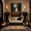 Vintage Ghost Pumpkin Field Full Moon Halloween Framed Wall Art Print