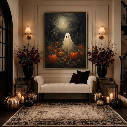 Vintage Ghost Pumpkin Field Full Moon Halloween Framed Wall Art Print