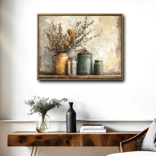 Vintage Metal Can Dried Wildflower Canvas Wall Art, Rustic Farmhouse Still Life Horizontal Print, Neutral Weathered Metal Pitcher Country Wall Decor