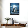 Elephant and Giraffe Watching Full Moon Over Ocean Canvas Wall Art, Wild Animals on Seaside Rock Vertical Print, Mystical Night Seascape Living Room Bedroom Wall Decor