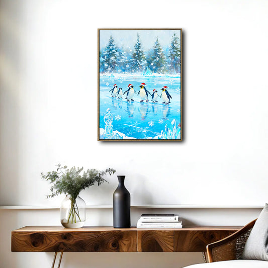 Festive Winter Penguin Canvas Print, Adorable Penguins with Santa Hats Skating on Ice Holiday Wall Art