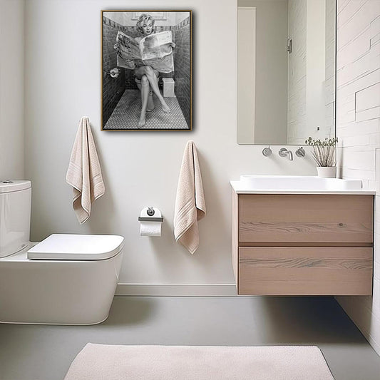 Marilyn Monroe Sitting On Toilet Reading Newspaper Canvas Wall Art, Vintage Black White Funny Bathroom Print, Retro Celebrity Humorous Restroom Wall Decor
