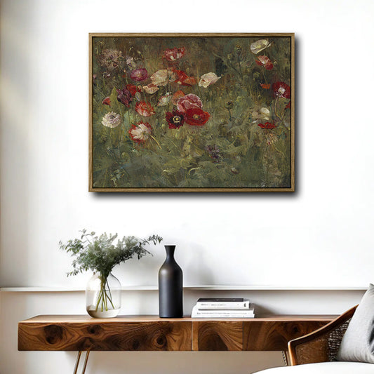 Vintage Poppy Flowers Still Life Canvas Wall Art | Antique Floral Oil Painting Print for Farmhouse Moody Home Decor