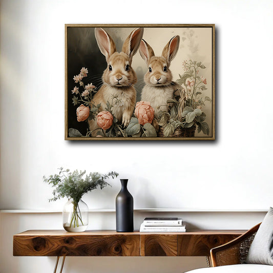 Cottagecore Farmhouse Wall Decor, Pair of Fluffy Brown Rabbits With Pink Peonies & Wicker Basket, Muted Vintage Oil Painting Horizontal Canvas Art, Soft Neutral Spring Easter Artwork