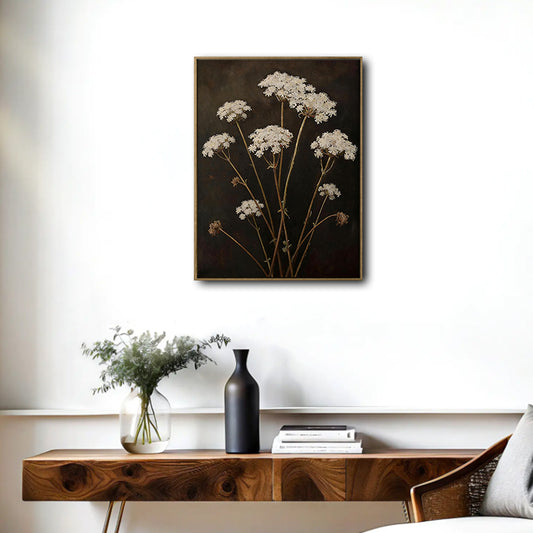 Antique Moody White Wildflower Wall Art, Dark Floral Still Life Canvas Print, Framed Wall Decor for Living Room Bedroom